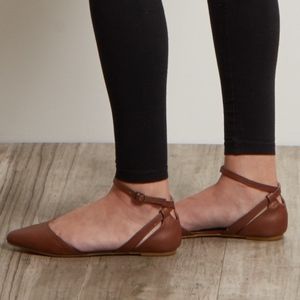 Brown Pointed Ankle Strap Flats